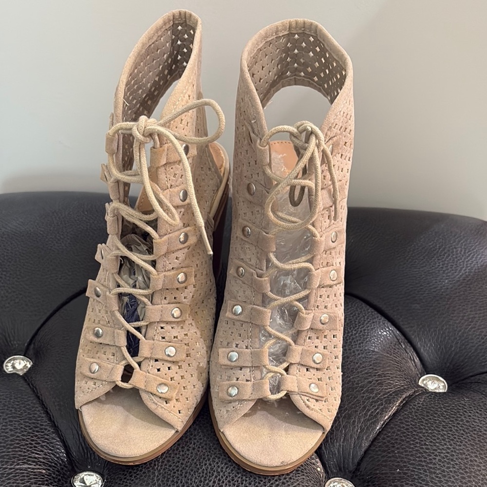 Yoki Beige Lace-Up Peep Toe Boots